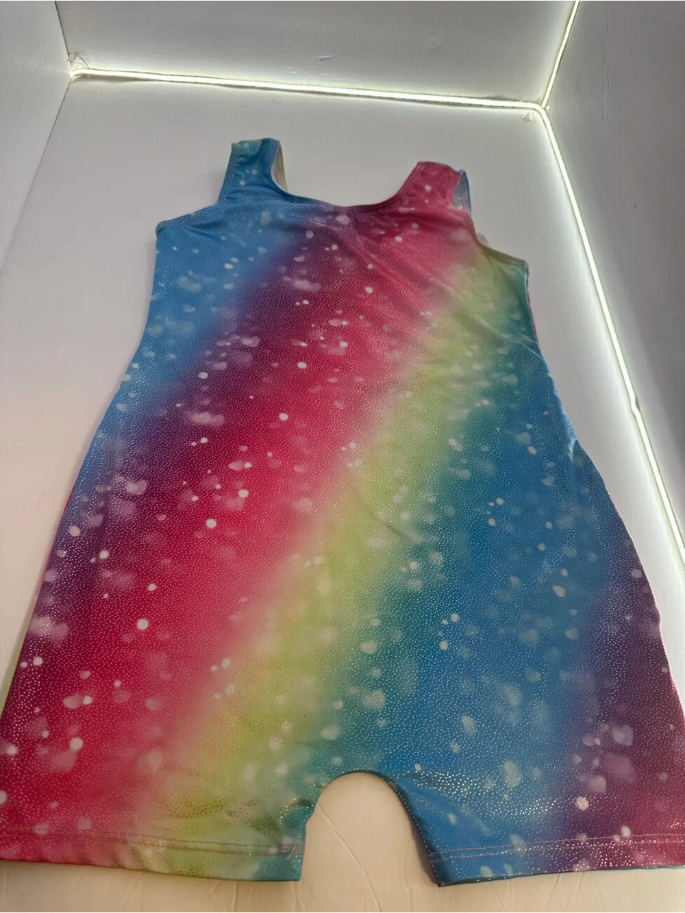 Girl Rainbow Galaxy Gymnastic Unitard Sparkly Dance Biketard Size 140 (9-10 year